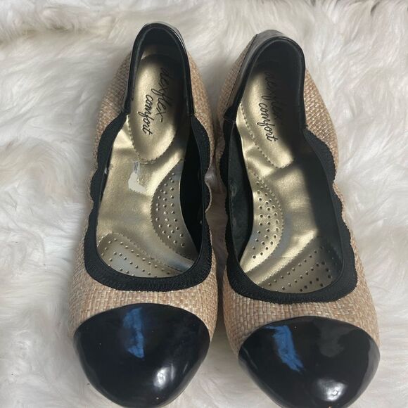 Dexflex comfort synthetic beige woven & black patent slip on flats SZ9 - Picture 4 of 10